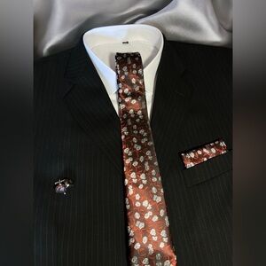 Men’s 3 Piece Tie Set Black Silver Floral Tie Pocket Square Cufflin…